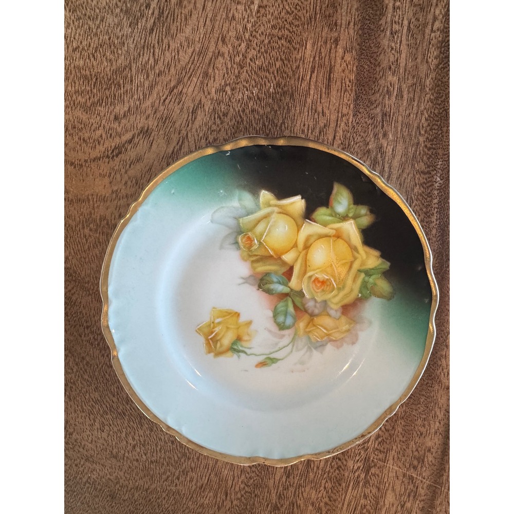 Vintage Hand Painted Yellow Rose Porcelain Dish Gold Trim Cottagecore Germany